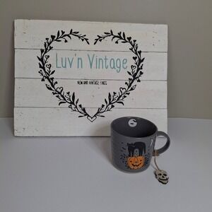 Prima Design‎ Halloween Mug Black Cat Pumpkin Bat Moon Gray Ceramic